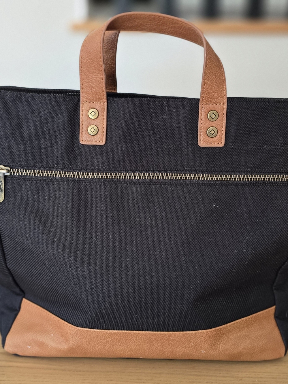 Thirty One Black Canvas Tote with Tan Leather Accents